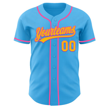 Custom Sky Blue Yellow-Pink Authentic Baseball Jersey