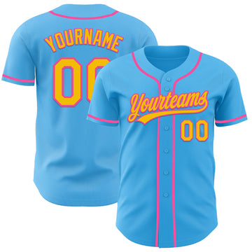Custom Sky Blue Yellow-Pink Authentic Baseball Jersey