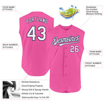 Custom Pink White-Navy Authentic Sleeveless Baseball Jersey