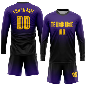 Custom Purple Gold-Black Sublimation Long Sleeve Fade Fashion Soccer Uniform Jersey