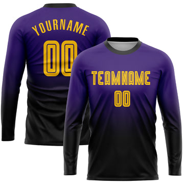 Custom Purple Gold-Black Sublimation Long Sleeve Fade Fashion Soccer Uniform Jersey