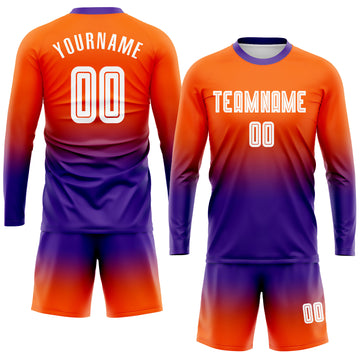 Custom Orange White-Purple Sublimation Long Sleeve Fade Fashion Soccer Uniform Jersey
