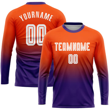 Custom Orange White-Purple Sublimation Long Sleeve Fade Fashion Soccer Uniform Jersey