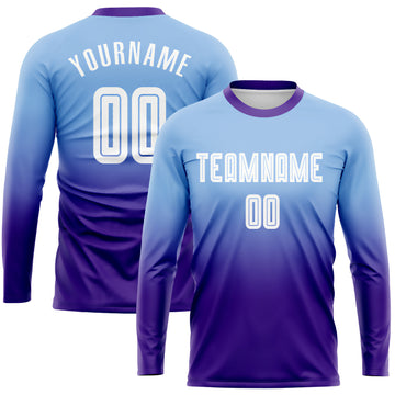 Custom Light Blue White-Purple Sublimation Long Sleeve Fade Fashion Soccer Uniform Jersey