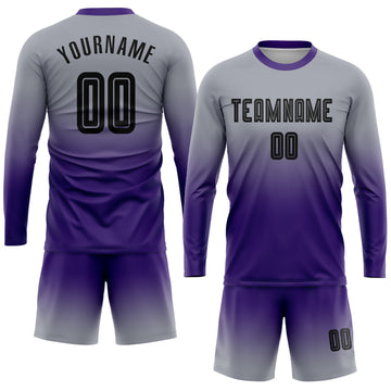 Custom Gray Black-Purple Sublimation Long Sleeve Fade Fashion Soccer Uniform Jersey