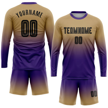 Custom Old Gold Black-Purple Sublimation Long Sleeve Fade Fashion Soccer Uniform Jersey