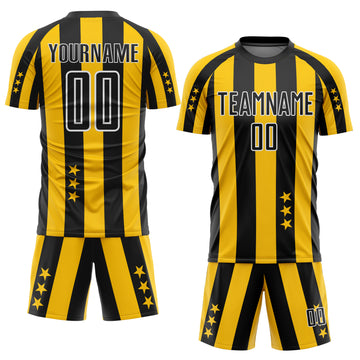 Custom Gold Black-White Stars And Stripes Sublimation Soccer Uniform Jersey