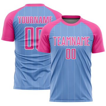 Custom Light Blue Pink-White Pinstripe Sublimation Soccer Uniform Jersey