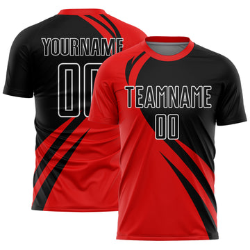 Custom Red Black-White Curve Lines Sublimation Soccer Uniform Jersey