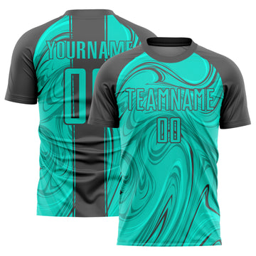 Custom Aqua Steel Gray Abstract Fluid Sublimation Soccer Uniform Jersey