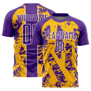 Custom Purple Gold-White Irregular Shapes Sublimation Soccer Uniform Jersey