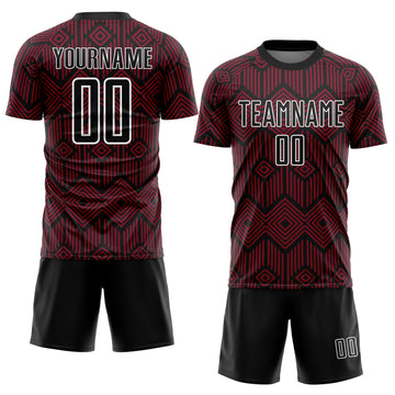 Custom Crimson Black-White Abstract Geometric Shapes Sublimation Soccer Uniform Jersey