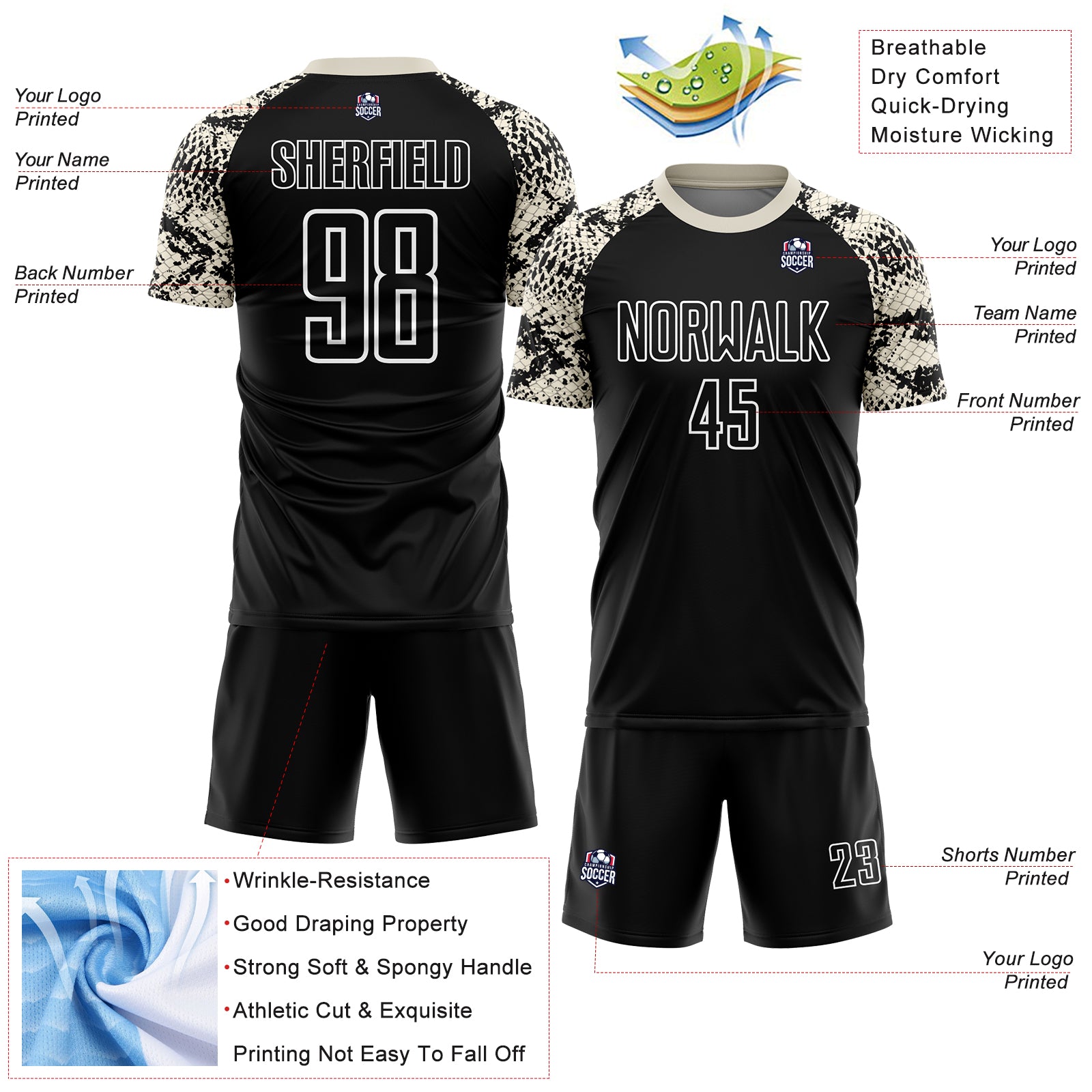 Custom Black Cream-White Snake Skin Sublimation Soccer