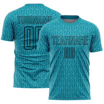 Custom Teal Black Geometric Pattern Sublimation Soccer Uniform Jersey