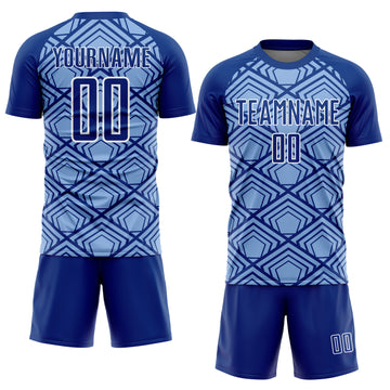 Custom Light Blue Royal-White Geometric Pattern Sublimation Soccer Uniform Jersey