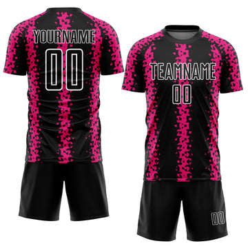 Custom Black Hot Pink-White Abstract Geometric Pattern Sublimation Soccer Uniform Jersey