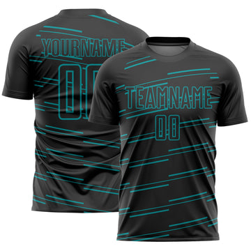 Custom Black Teal Lines Sublimation Soccer Uniform Jersey