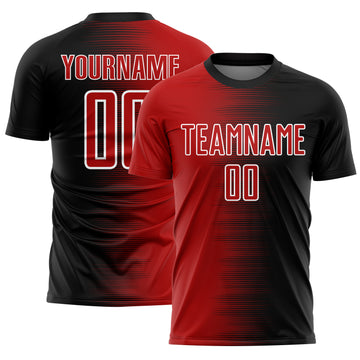 Custom Black Red-White Gradient Line Sublimation Soccer Uniform Jersey