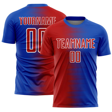 Custom Thunder Blue Red-White Gradient Line Sublimation Soccer Uniform Jersey