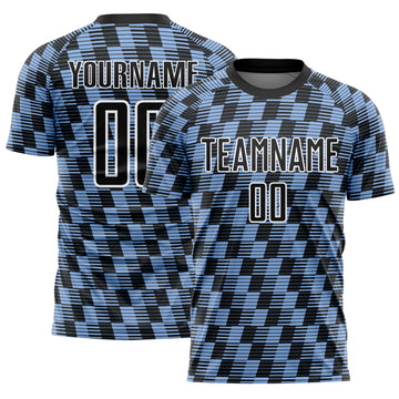 Custom Black Light Blue-White Line Sublimation Soccer Uniform Jersey