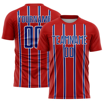 Custom Red Royal-White Stripe Line Sublimation Soccer Uniform Jersey