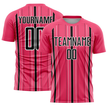 Custom Neon Pink Black-White Stripe Sublimation Soccer Uniform Jersey