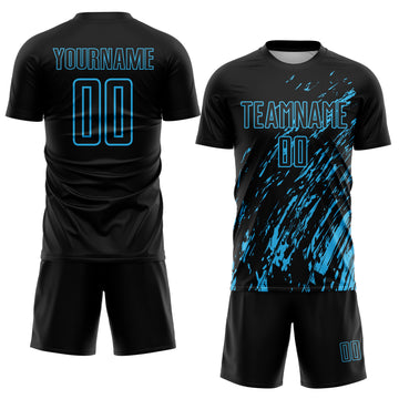Custom Black Sky Blue Splash Sublimation Soccer Uniform Jersey
