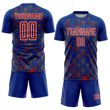 Custom Royal Red-White Lightning Sublimation Soccer Uniform Jersey