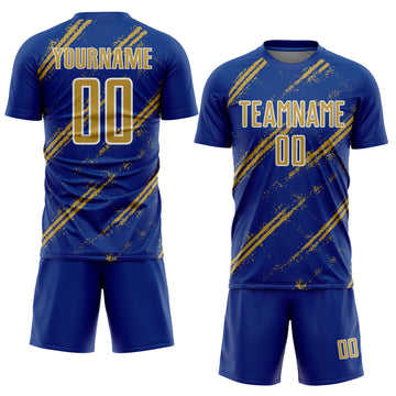 Custom Royal Old Gold-White Abstract Fragment Art Splash Sublimation Soccer Uniform Jersey