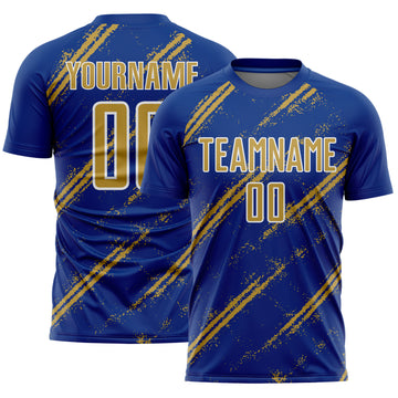 Custom Royal Old Gold-White Abstract Fragment Art Splash Sublimation Soccer Uniform Jersey