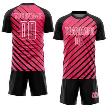 Custom Black Neon Pink-White Lines Sublimation Soccer Uniform Jersey