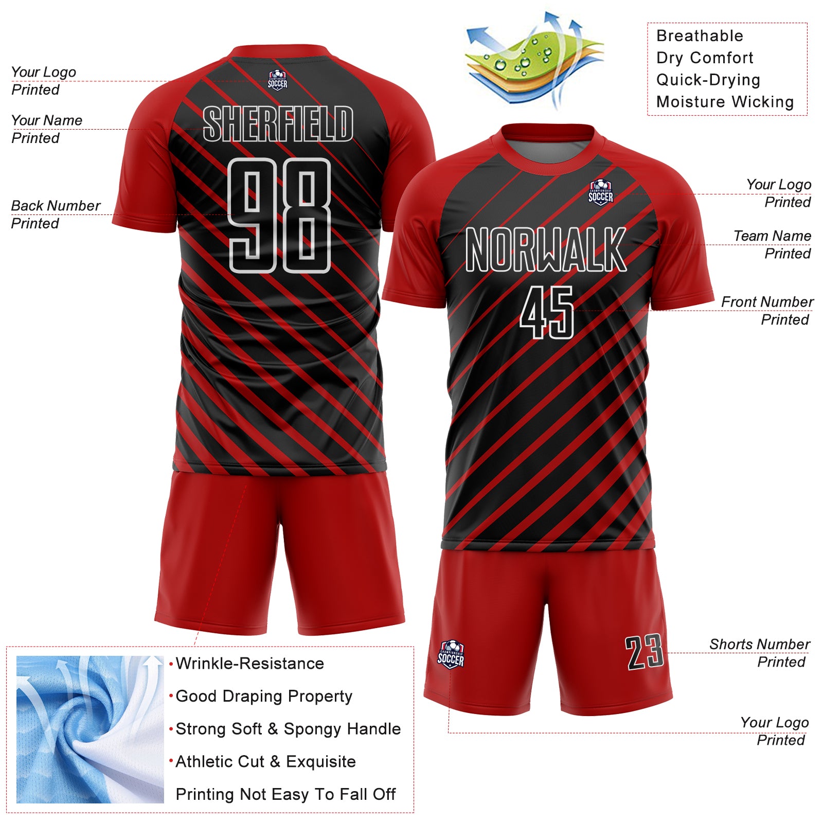 Load image into Gallery viewer, Custom Red Black-White Lines Sublimation Soccer Uniform Jersey