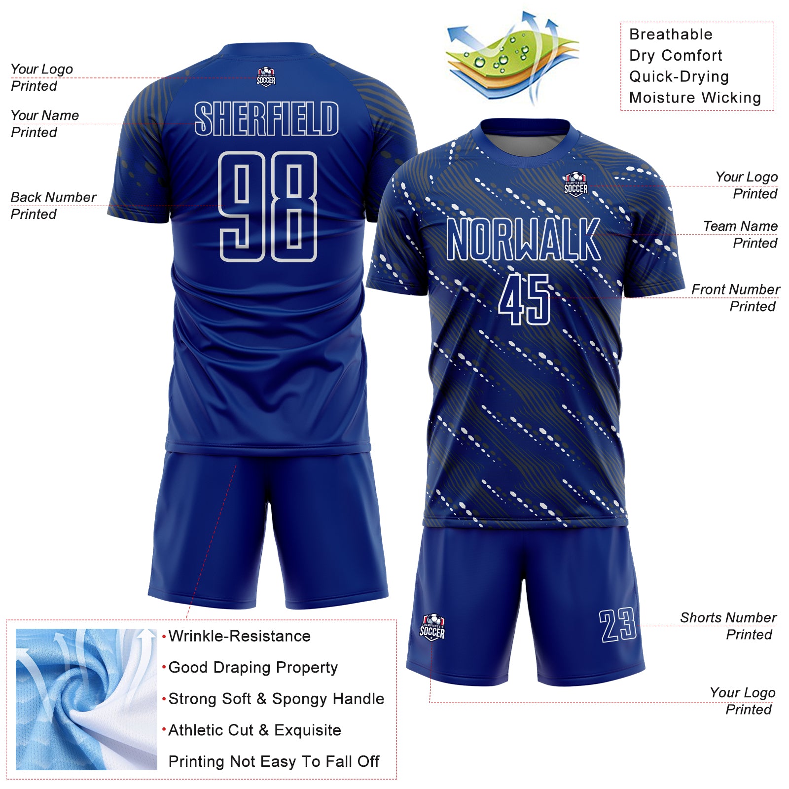 Load image into Gallery viewer, Custom Royal White Slant Lines Sports Sublimation Soccer Uniform Jersey