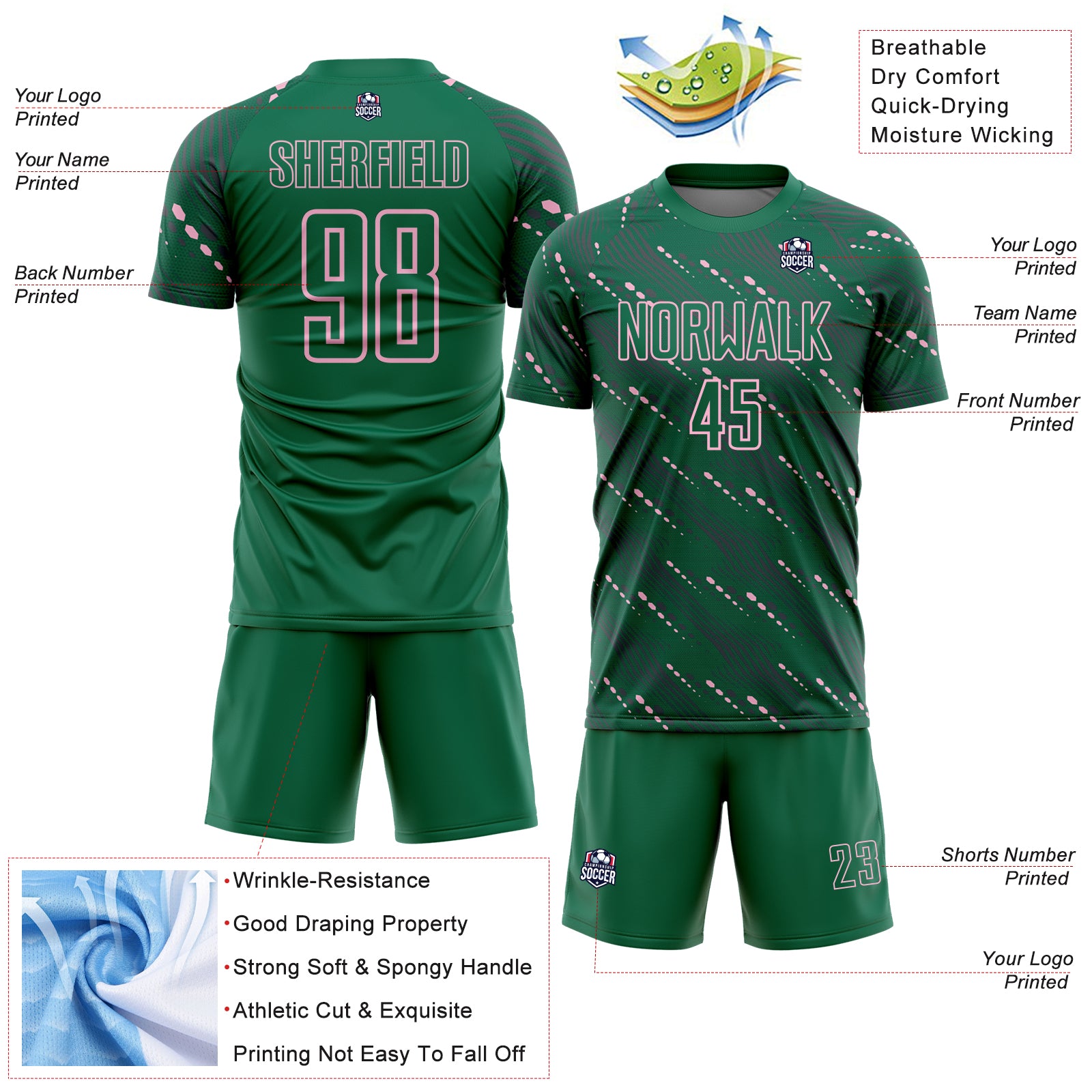 Load image into Gallery viewer, Custom Kelly Green Light Pink Slant Lines Sports Sublimation Soccer Uniform Jersey