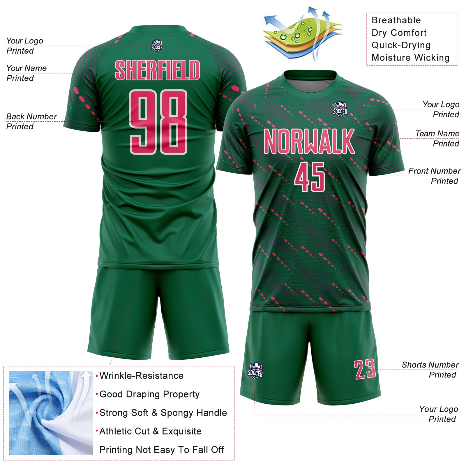 Load image into Gallery viewer, Custom Kelly Green Neon Pink-White Slant Lines Sports Sublimation Soccer Uniform Jersey