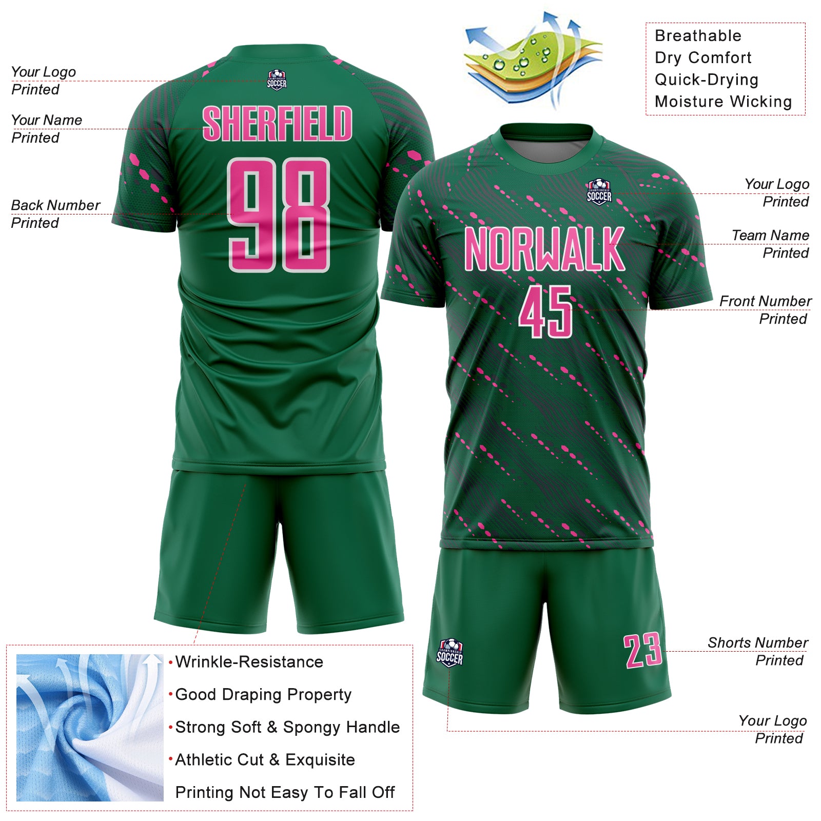 Load image into Gallery viewer, Custom Kelly Green Pink-White Slant Lines Sports Sublimation Soccer Uniform Jersey