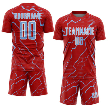 Custom Red Light Blue-White Lightning Sports Sublimation Soccer Uniform Jersey
