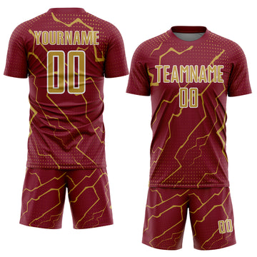 Custom Crimson Old Gold-White Lightning Sports Sublimation Soccer Uniform Jersey