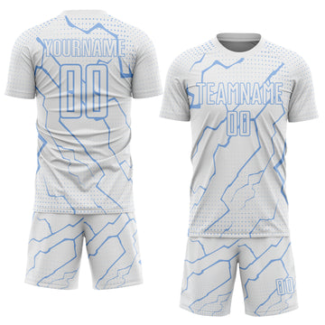 Custom White Light Blue Lightning Sports Sublimation Soccer Uniform Jersey