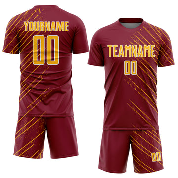 Custom Crimson Gold-White Lines Sports Sublimation Soccer Uniform Jersey