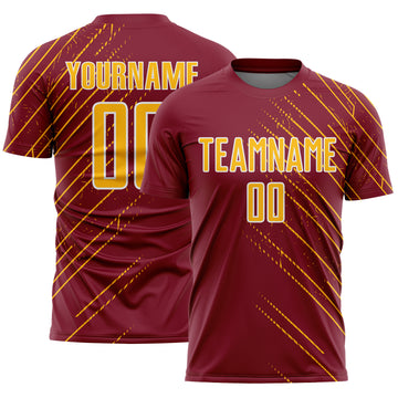 Custom Crimson Gold-White Lines Sports Sublimation Soccer Uniform Jersey