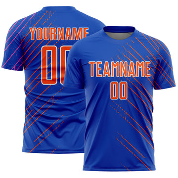 Custom Thunder Blue Orange-White Lines Sports Sublimation Soccer Uniform Jersey