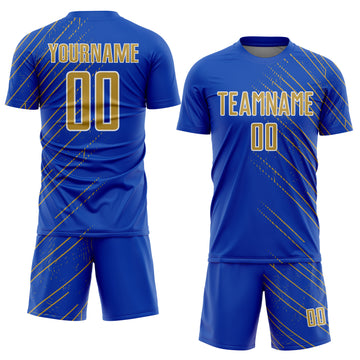 Custom Thunder Blue Old Gold-White Lines Sports Sublimation Soccer Uniform Jersey