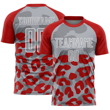 Custom Red Gray-White Animal Leopard Print Sports Sublimation Soccer Uniform Jersey