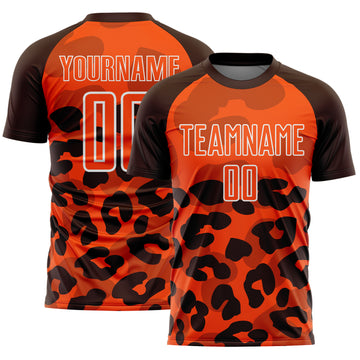 Custom Brown Orange-White Animal Leopard Print Sports Sublimation Soccer Uniform Jersey