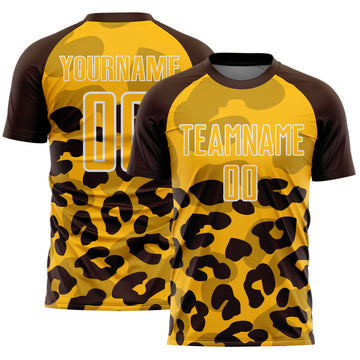Custom Brown Gold-White Animal Leopard Print Sports Sublimation Soccer Uniform Jersey