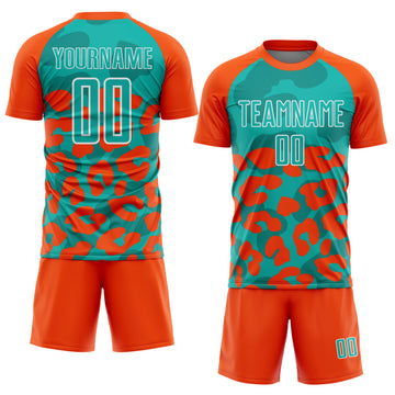 Custom Orange Aqua-White Animal Leopard Print Sports Sublimation Soccer Uniform Jersey