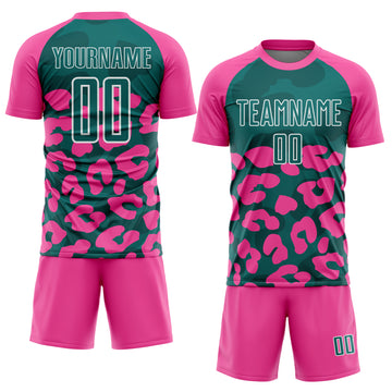 Custom Pink Teal-White Animal Leopard Print Sports Sublimation Soccer Uniform Jersey