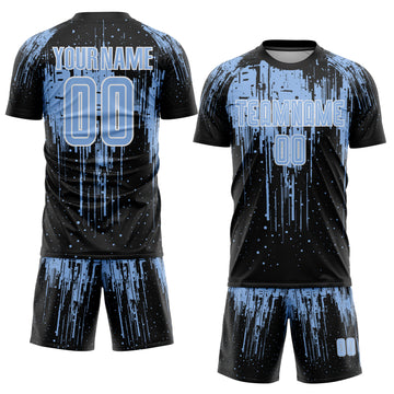 Custom Black Light Blue-White Dripping Splatte Pattern Sports Sublimation Soccer Uniform Jersey