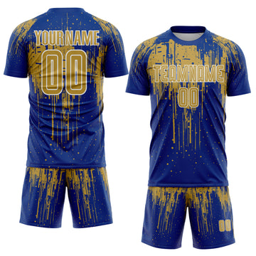 Custom Royal Old Gold-White Dripping Splatte Pattern Sports Sublimation Soccer Uniform Jersey